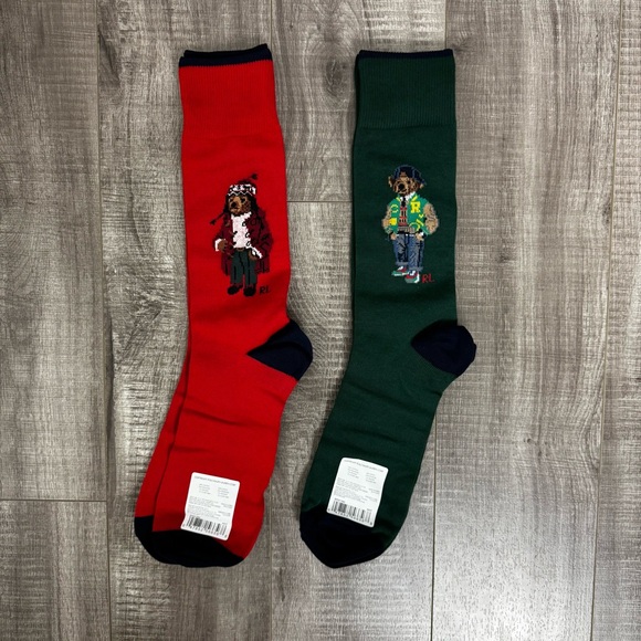 Polo Ralph Lauren Polo Bear Casual Red and Green Socks Cotton Blend New Sz 6-12 - Picture 1 of 3